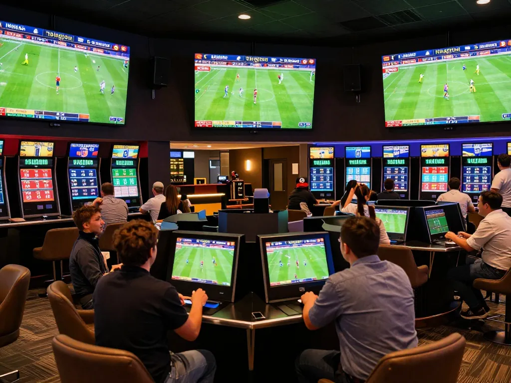 Tỷ lệ bóng đá kèo nhà cái displayed on multiple screens in a bustling sports betting lounge