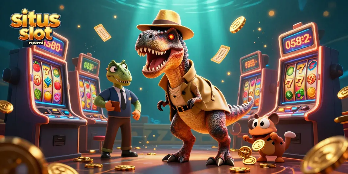 Experience the excitement of situs slot resmi with a velociraptor card counter and stegosaurus pit boss in a vibrant casino scene.