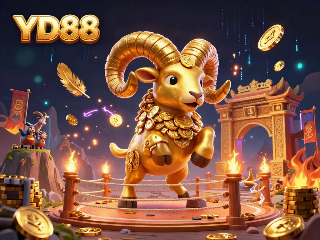 Experience thrilling action at the YD88 online casino with this dynamic illustration of a golden ram charging at a jackpot gate.