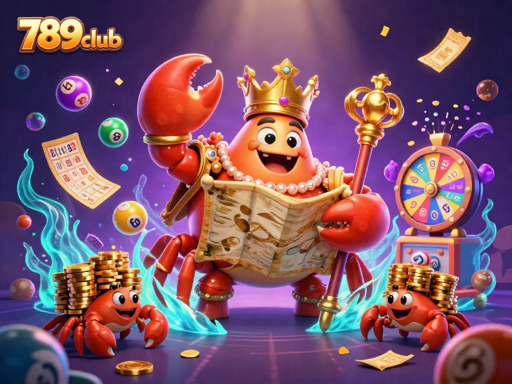 Experience exciting games and bonuses at 789club with vibrant lottery balls and golden treasure.