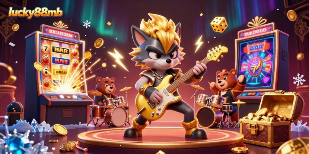 Experience the vibrant casino scene of lucky88mb, featuring a rock star wolf and drummer bear amidst exploding jackpots and colorful gaming elements.