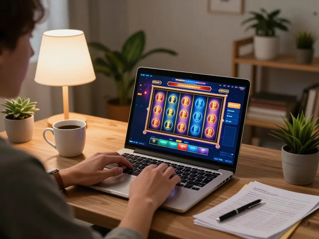 Engaging in online casino gaming on a laptop while exploring 98win's slot machine opportunities.