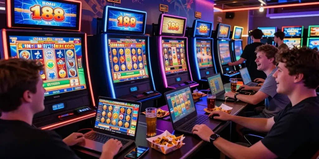 Engaged players enjoying slot88 on digital devices in a vibrant gaming atmosphere.