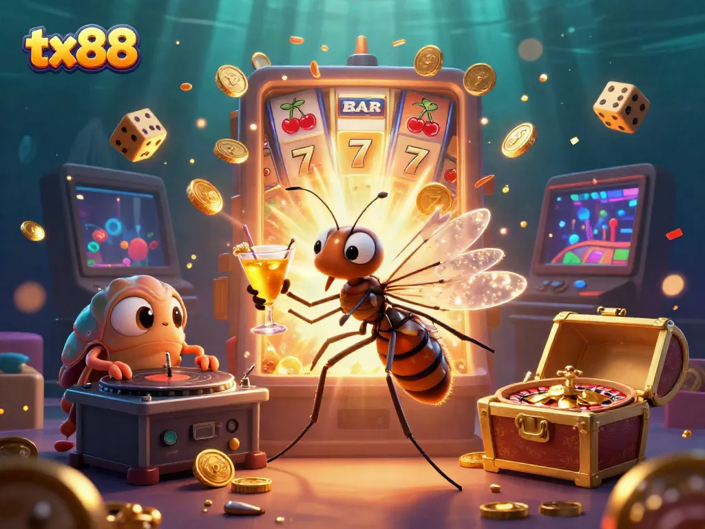 tx88 casino scene featuring a frozen mosquito mascot and trilobite DJ with vibrant casino elements.