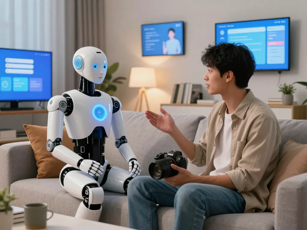 Humanoid sex bot interacting with a user in a modern living room, showcasing advanced AI features and a futuristic lifestyle.