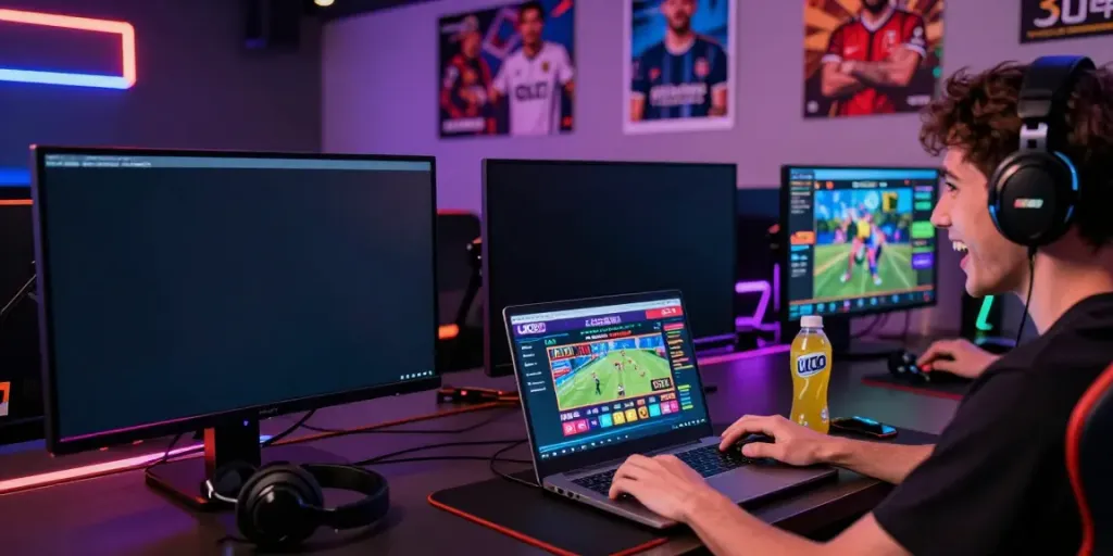 Engaged player using the UK88 betting platform on laptop and smartphone in a vibrant gaming environment.