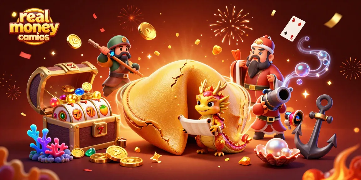 Engaging scene of real money casino games featuring a golden fortune cookie and sparkling treasures.