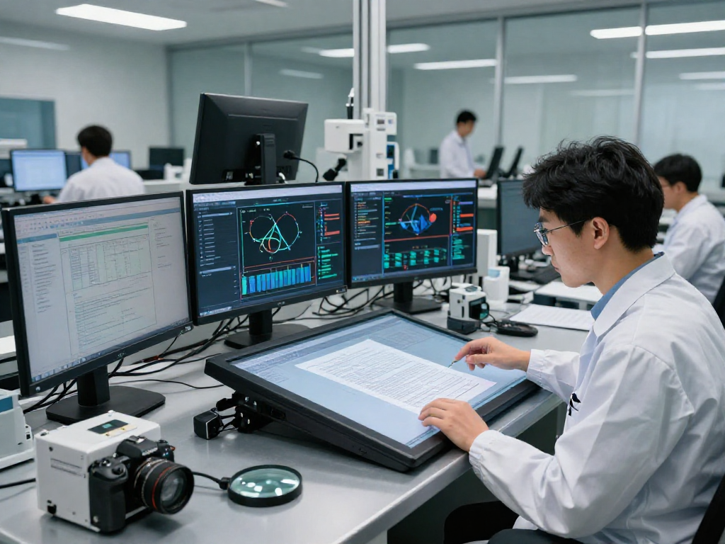 Advanced document fraud detection in a high-tech analysis lab.