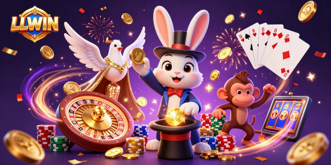 LLWIN engages players with an exciting 3D casino illustration showcasing a magician rabbit and vibrant game elements.