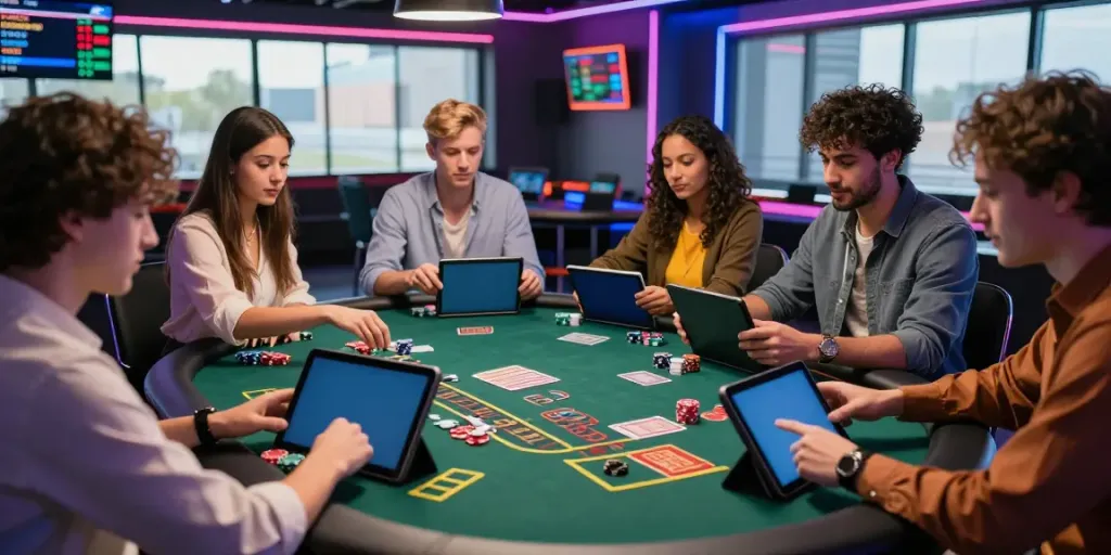 ku88 gaming experience with friends at a live casino table, vibrant atmosphere and technology in use