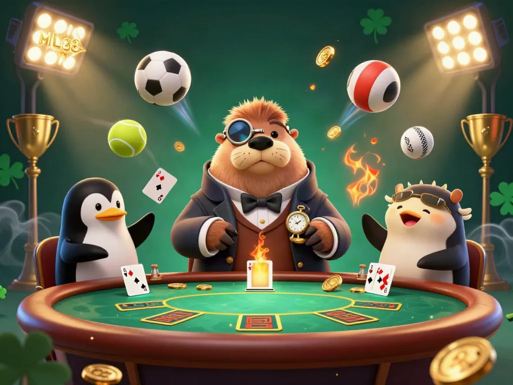 ML88 showcases a vibrant poker scene with a walrus, penguin, and pufferfish in a captivating underwater casino setting.