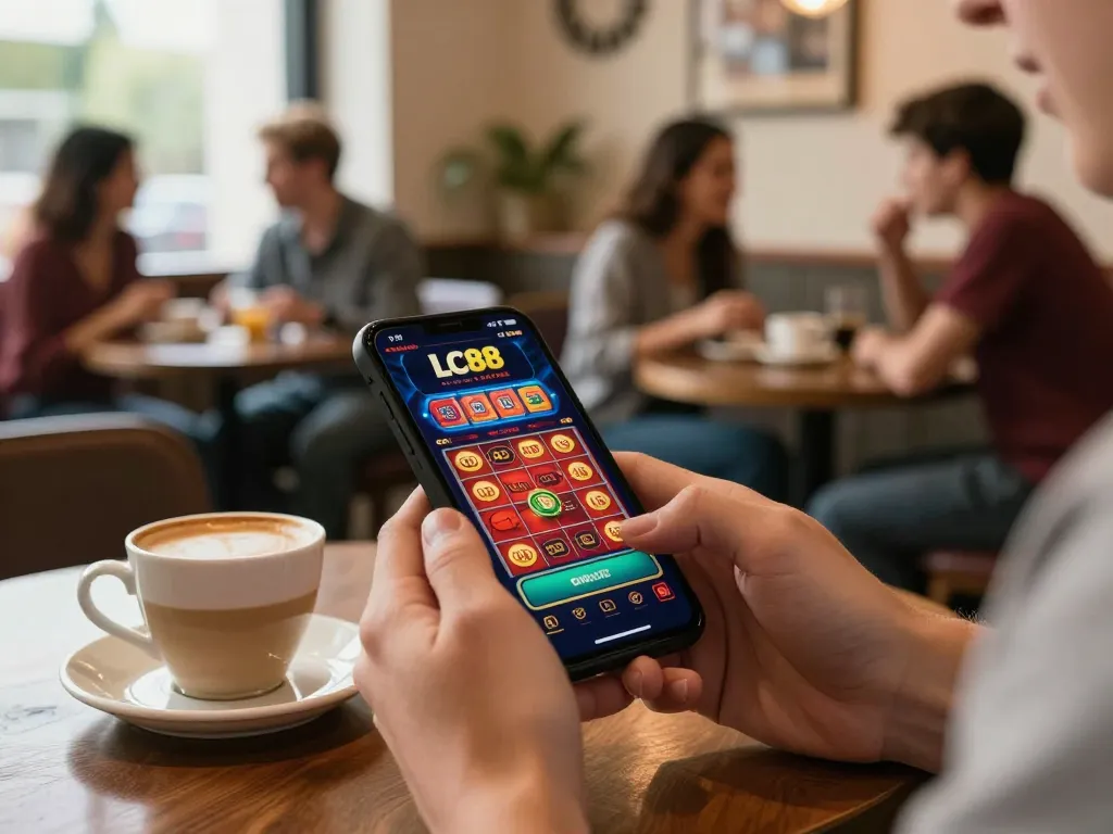 Engaging with the app lc88 while enjoying coffee in a relaxed cafe setting.