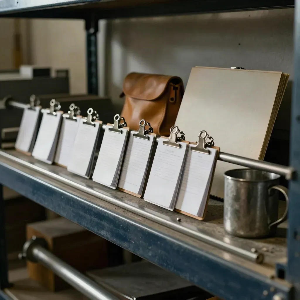 Metallregal mit Prozesskarten, Ledertasche, Stahlbecher und Mappe im Werkstattlicht.