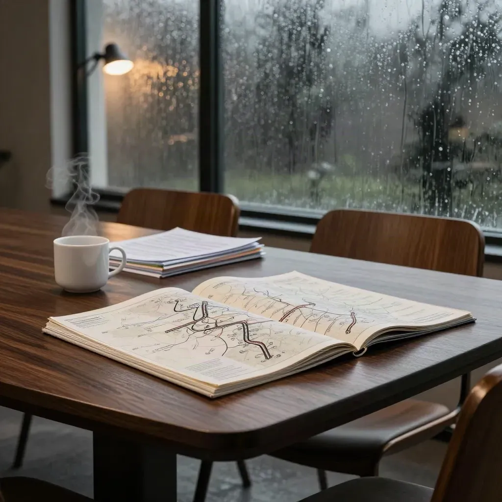 Konferenztisch am Regenfenster mit Folio, zwei zurückgeschobenen Stühlen und Dampflicht.