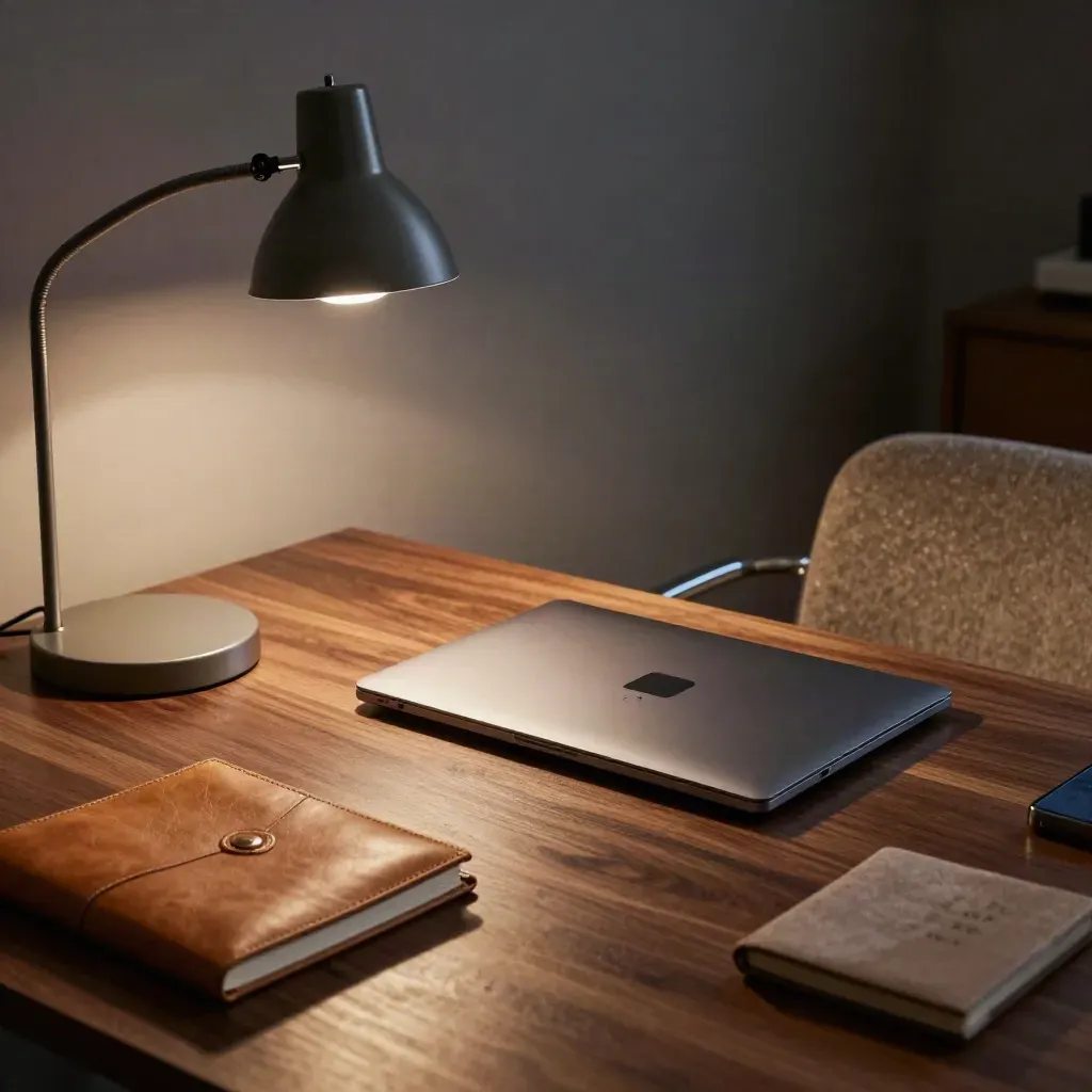 Dämmerungsstimmung im Consulting-Büro mit geschlossenem Laptop, Lampe und Lederheft.