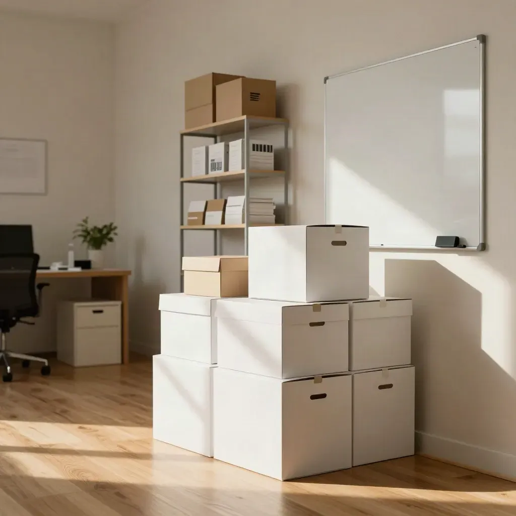 Heller Startup-Büro-Eckraum mit gestapelten Prototypboxen und Schatten einer Pflanze