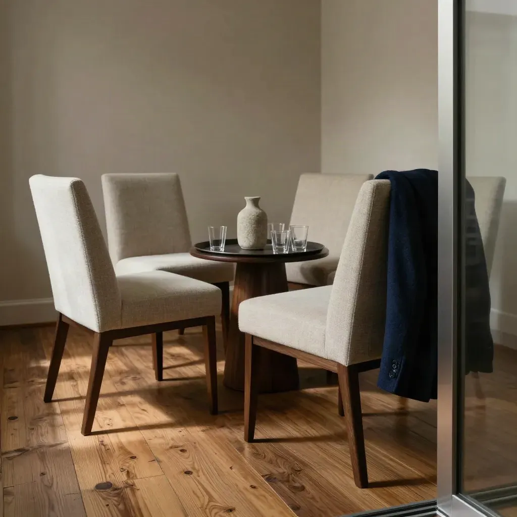 Vier Stühle im Besprechungsraum, Tablett in der Mitte, Wollmantel über einer Lehne.