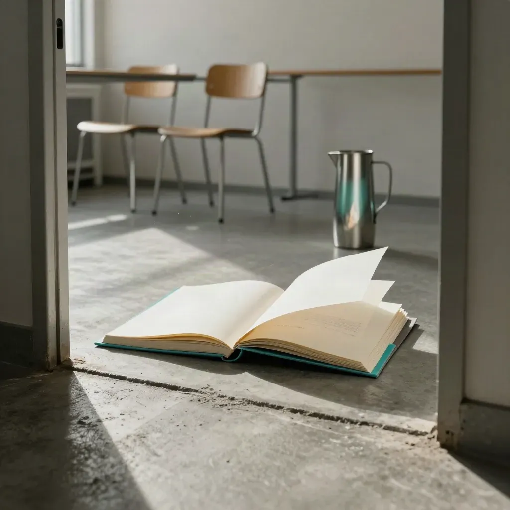 Niedrige Perspektive auf geöffnete Projektmappe, zurückgeschobene Stühle und Lichtstreifen im Raum.