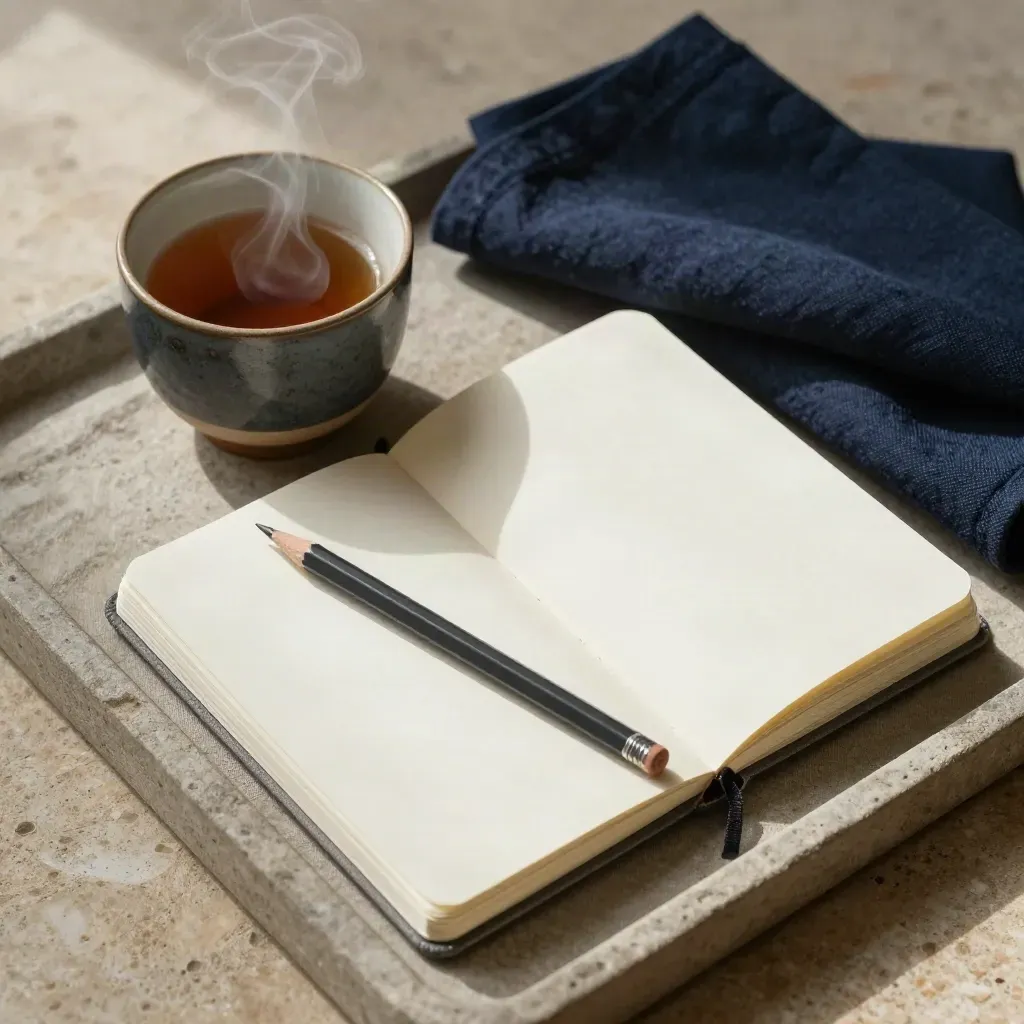 Workshop-Notizbuch, Bleistift und Keramiktasse auf Leinentablett mit Dampf
