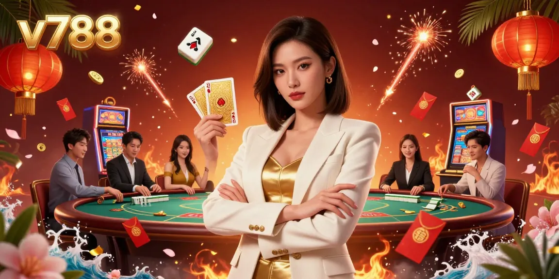 Engage in thrilling gameplay at v788, featuring a glamorous character with golden cards in a vibrant casino setting.
