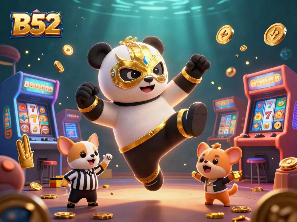 B52-themed casino scene with a panda wrestler and a counting referee amidst dynamic gaming elements.