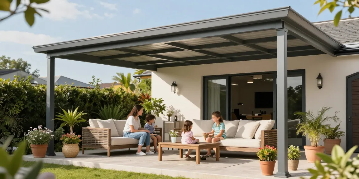 Familie entspannt unter einer Terrassenüberdachung, die den Außenbereich stilvoll schützt.