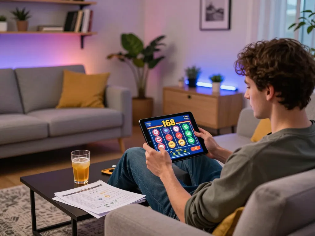 Engaged user playing f168 slots on tablet in a cozy living room with strategy notes