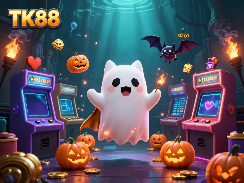 Engage with TK88's vibrant gaming scene featuring a friendly ghost cat and vampire bat amidst casino delights.