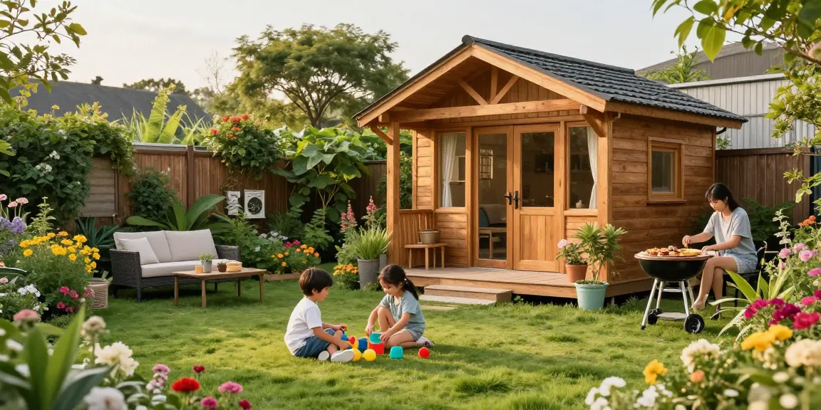 Gartenhäuser aus Holz in einem einladenden Garten mit glücklicher Familie und bunten Blumenbeeten.