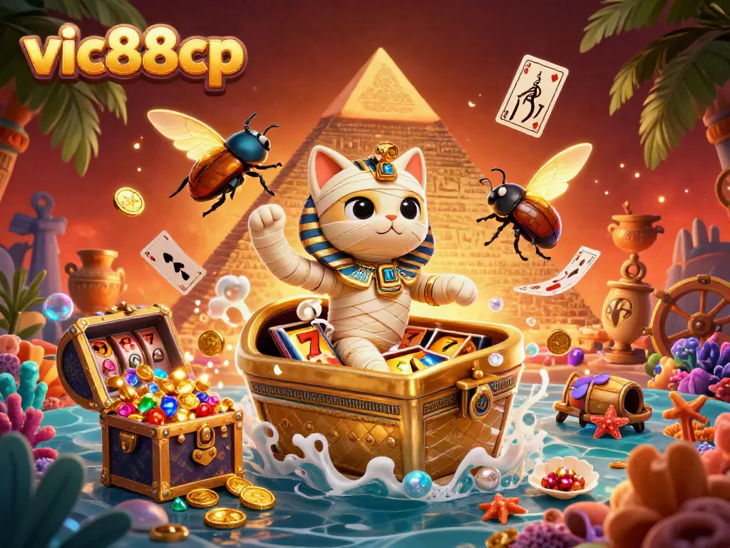 Engage with the vibrant world of vic88cp featuring a dynamic 3D scene of an Egyptian mummy cat in a pyramid casino surrounded by colorful slot game symbols and treasures.