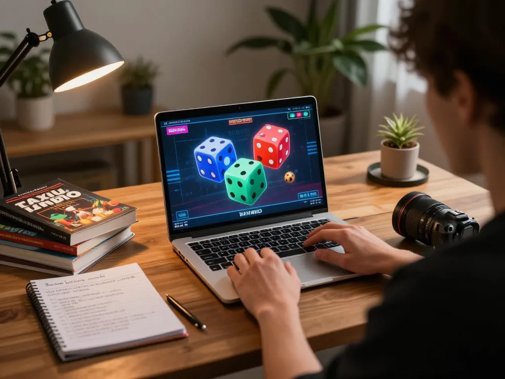 Engaging gameplay of tai xiu online displayed on a laptop in a cozy home office, reflecting strategic gaming.