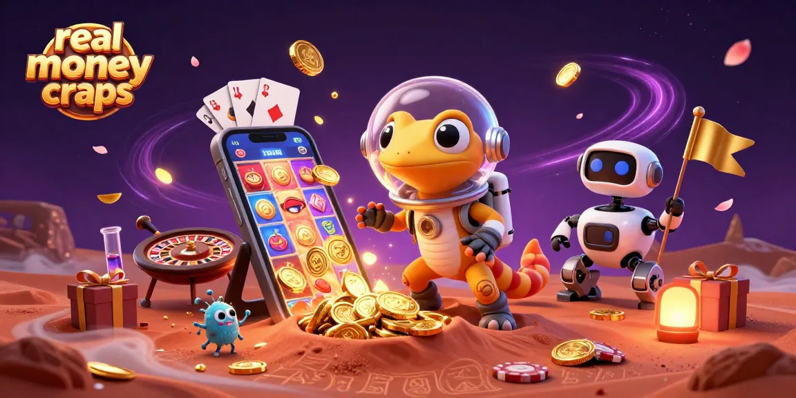 Play real money online craps with a vibrant Martian scene featuring gaming elements and bold characters.