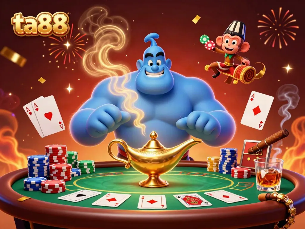Experience the magic of ta88 with our vibrant casino scene featuring a genie, poker chips, and celebratory elements.