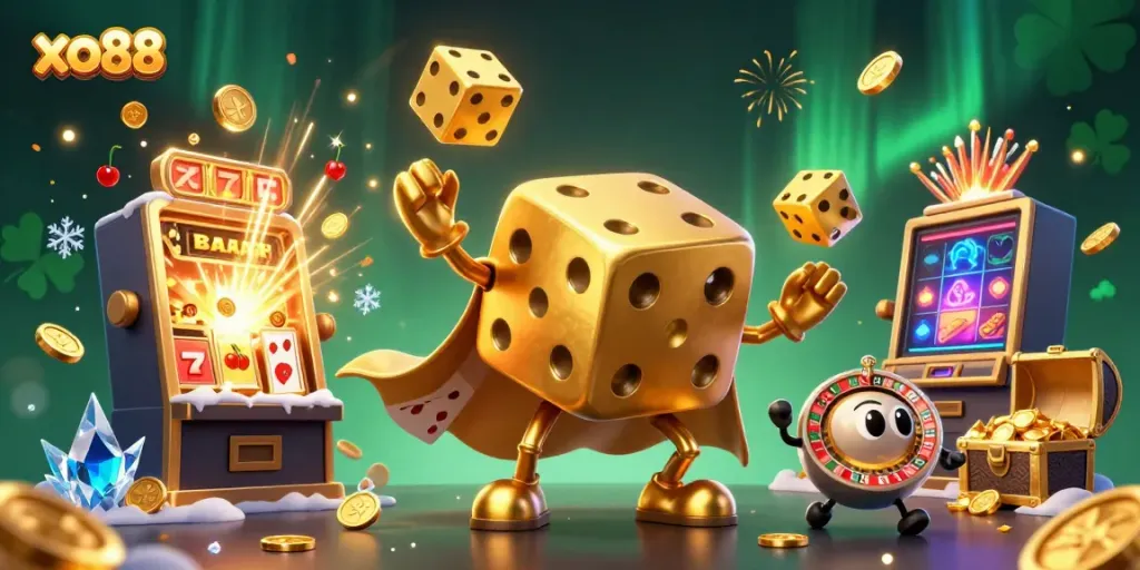 Experience the excitement of xo88 with a golden dice golem and slot machine bursting with treasures and games.