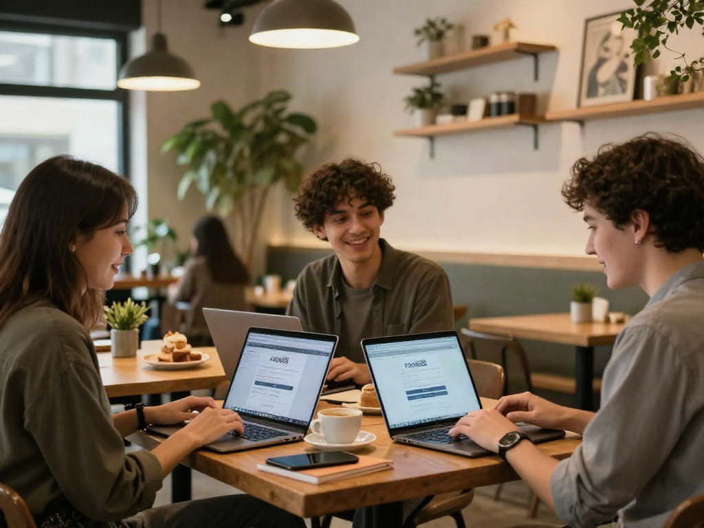 Individuals using rokok88 login at a cozy cafe, engaging in conversation and enjoying coffee.