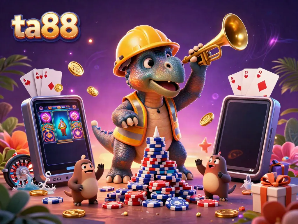 Engage with ta88's casino world as lively cartoon dinosaurs build poker chip towers amidst celebratory elements.
