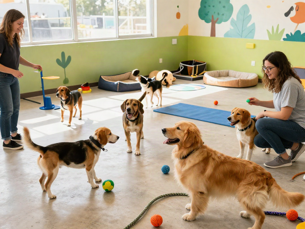 Playful dogs in a dog daycare setting during slot depo 10k activities, engaging with staff and toys.