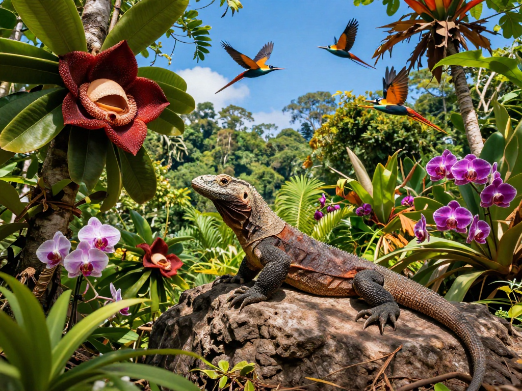 Explore the biodiversity of Indonesia with rokok 88, featuring Komodo dragons and vibrant flora.