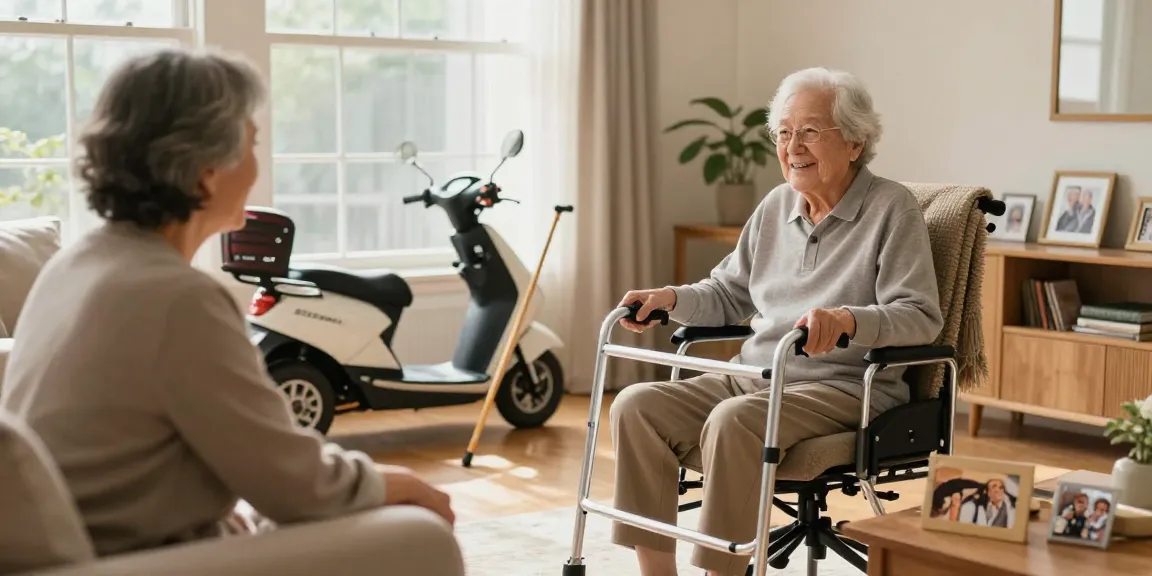 Buy nobility aids showcased in a cozy living room with elderly person using a walker, emphasizing comfort and independence.
