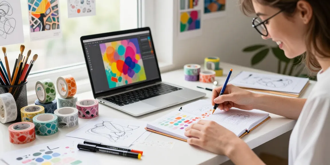 Artist designing custom washi tape with vibrant colors at a creative workspace