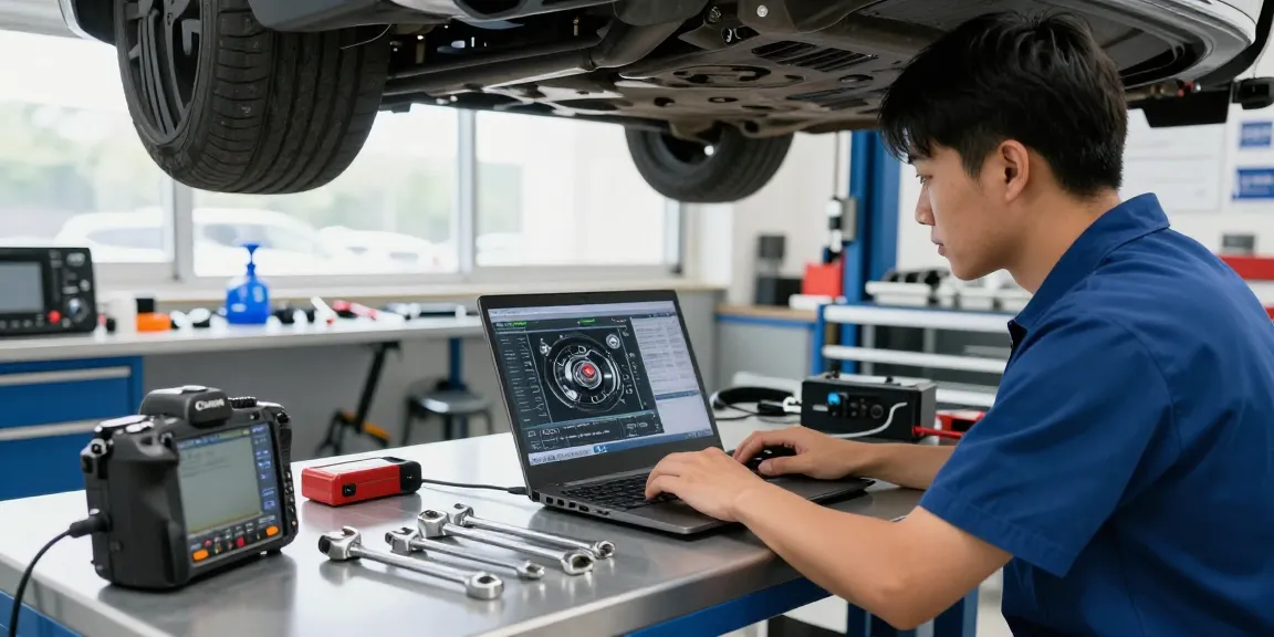 Fachtechniker in der BMW Werkstatt diagnostiziert Motorprobleme mit Diagnosewerkzeugen und Software.