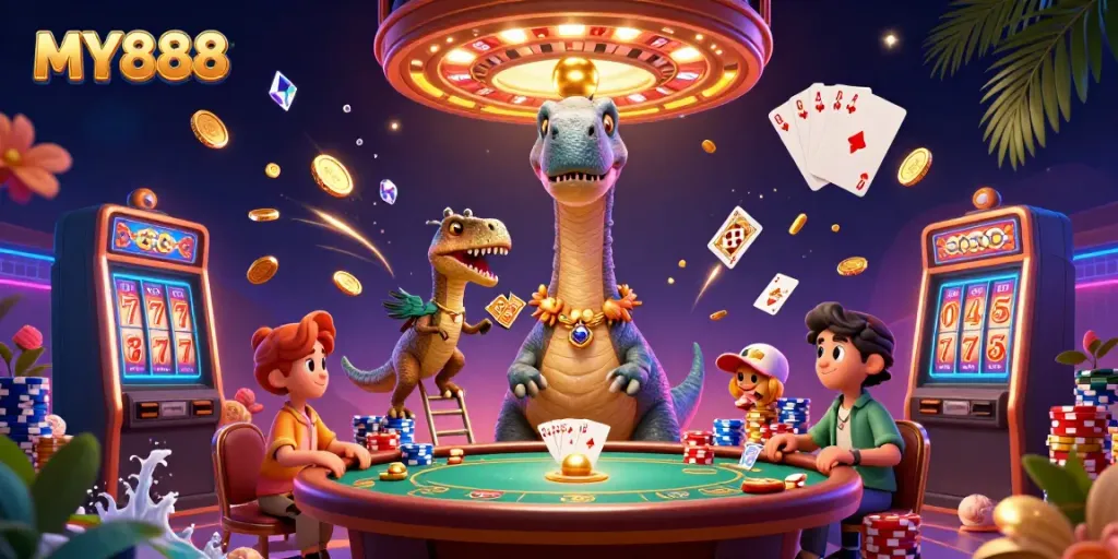 Engage in thrilling bets at MY888, where a giant brontosaurus and raptor deal cards in a dynamic casino.