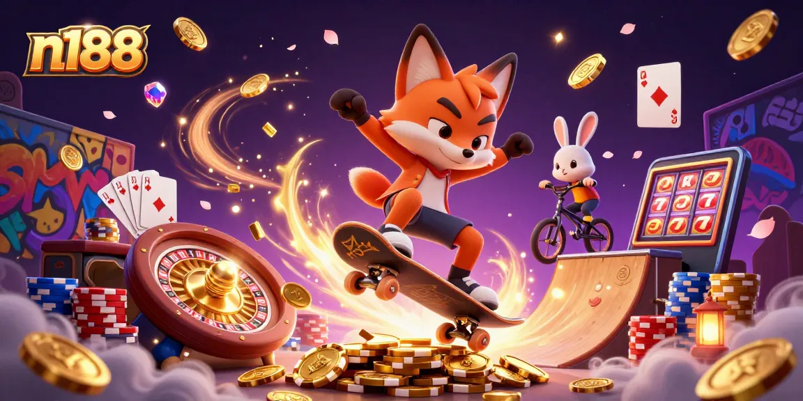 Experience thrilling gaming with n188, where cartoon characters play over golden poker chips.