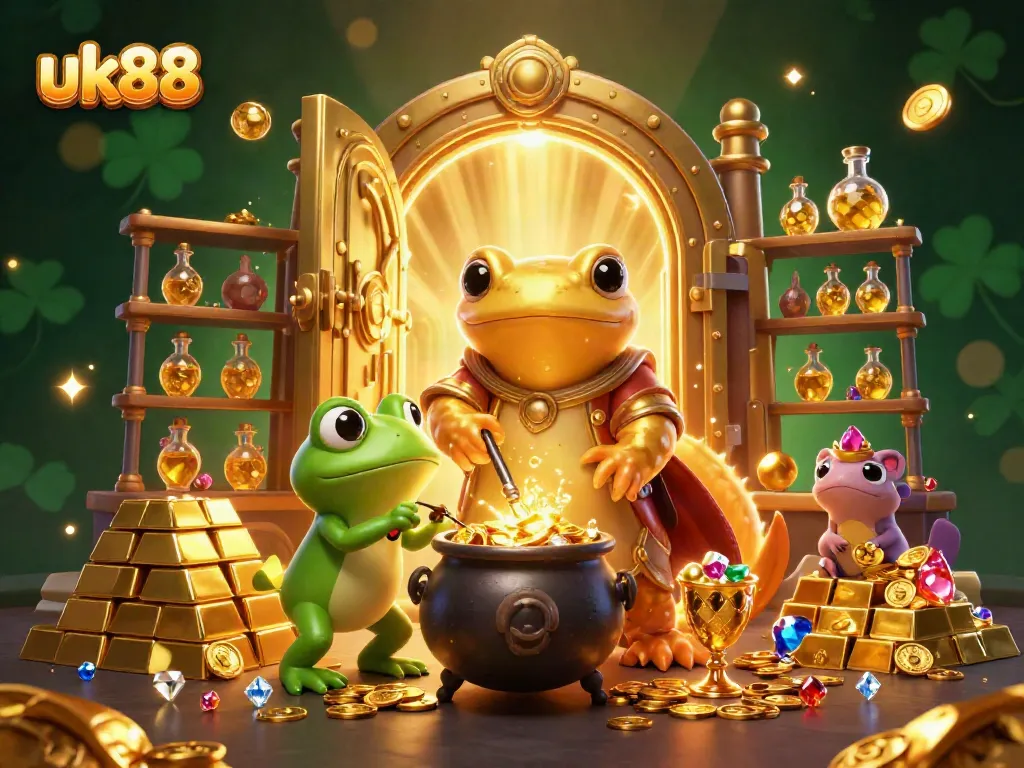 Engage with uk88's captivating casino experience, featuring a magical scene of gold alchemy and wealth.