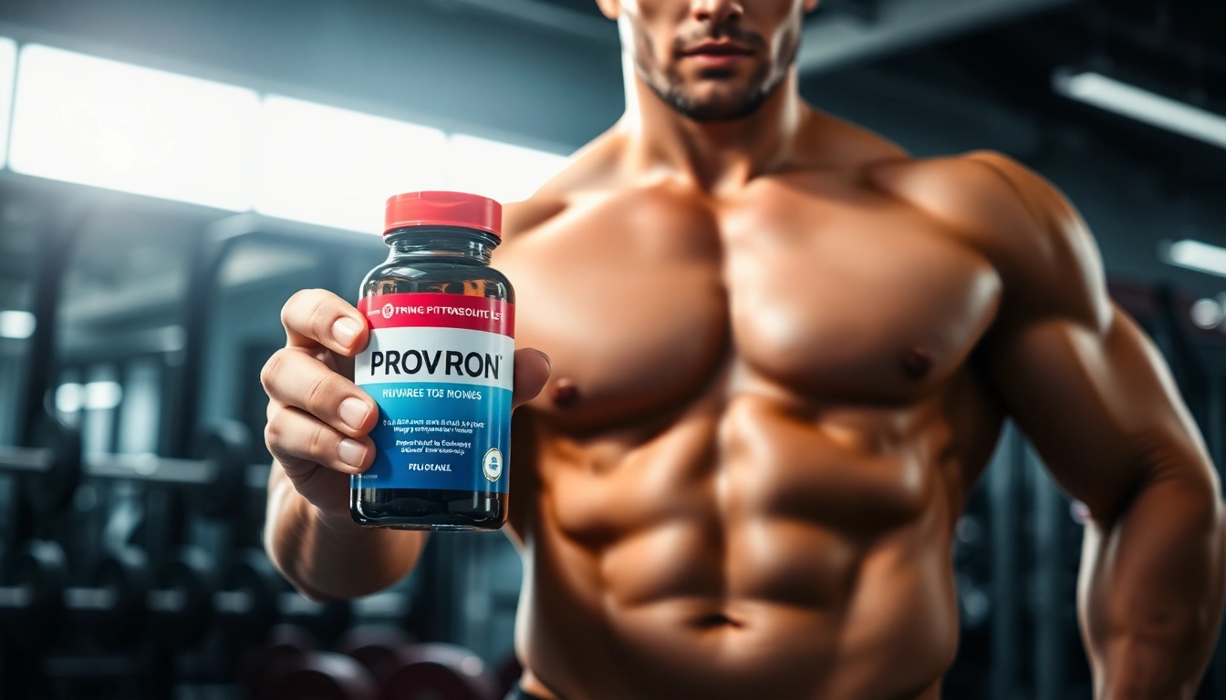 Proviron kaufen: Fitnessmodel hält Proviron-Flasche im Fitnessstudio mit motivierender Ausstrahlung.