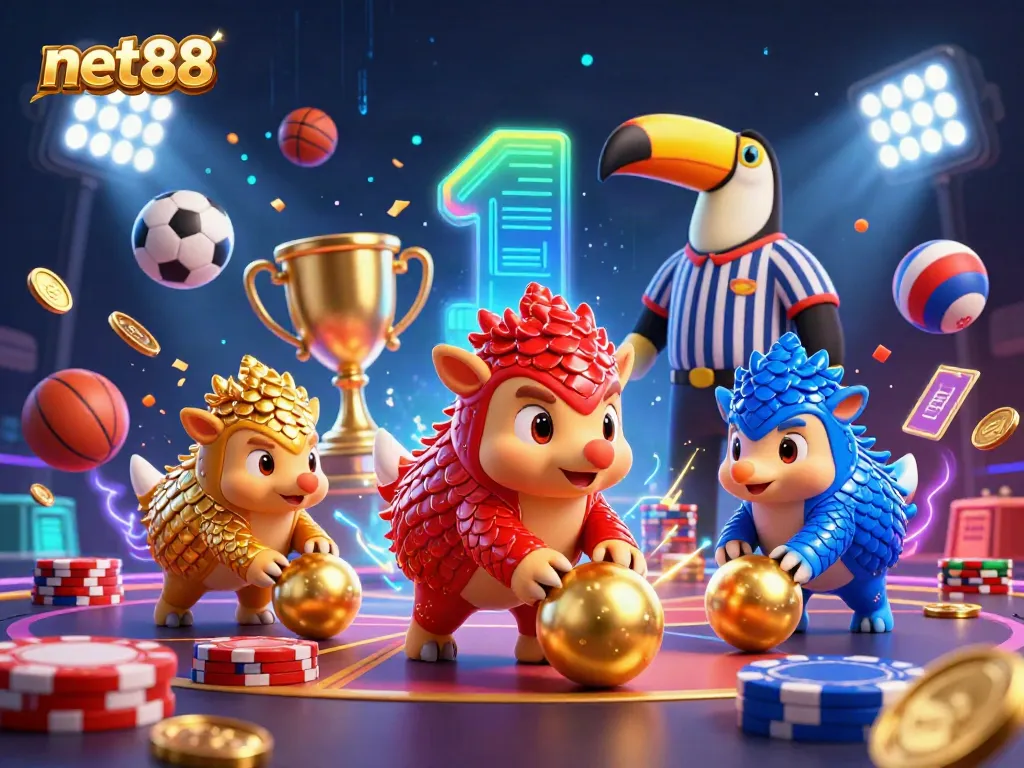 Experience exciting bets at net88 through a vibrant 3D illustration of pangolins gambling amidst sports elements.
