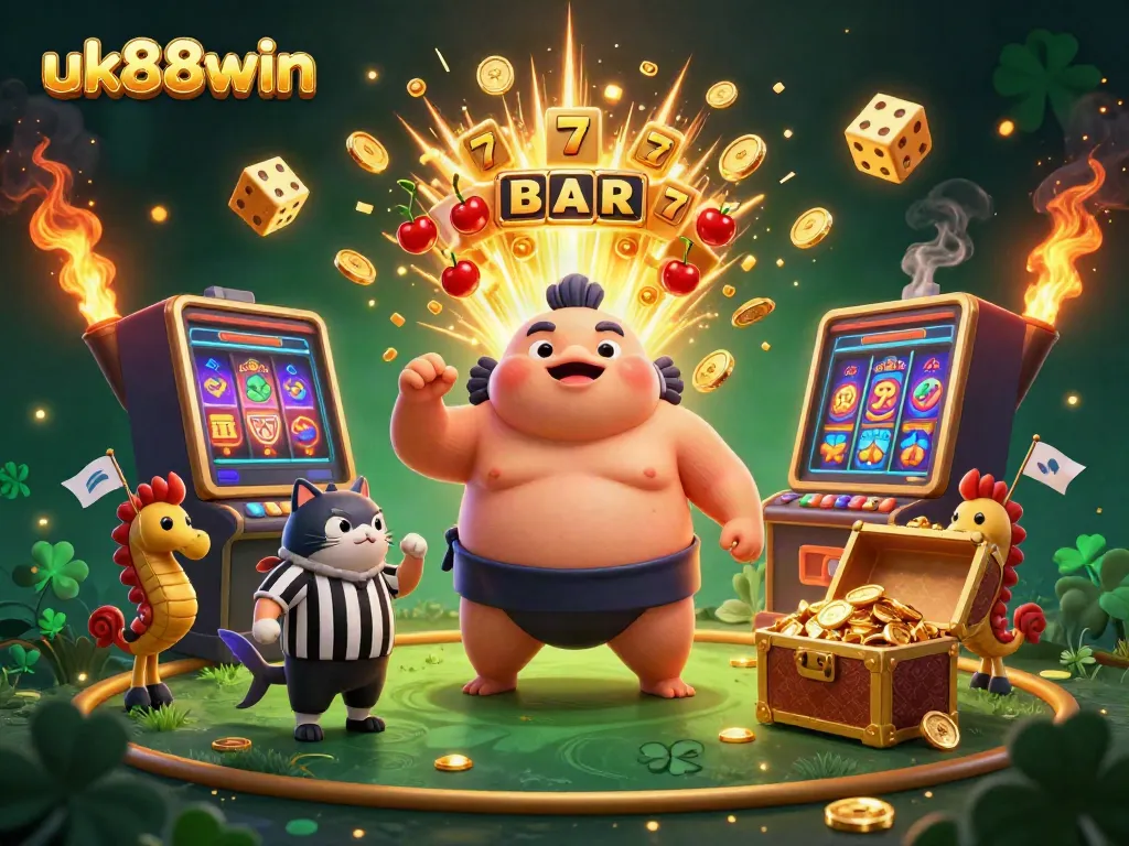 Experience excitement at uk88win with a dynamic underwater casino scene featuring a fugu, catfish referee, and vivid gambling elements.