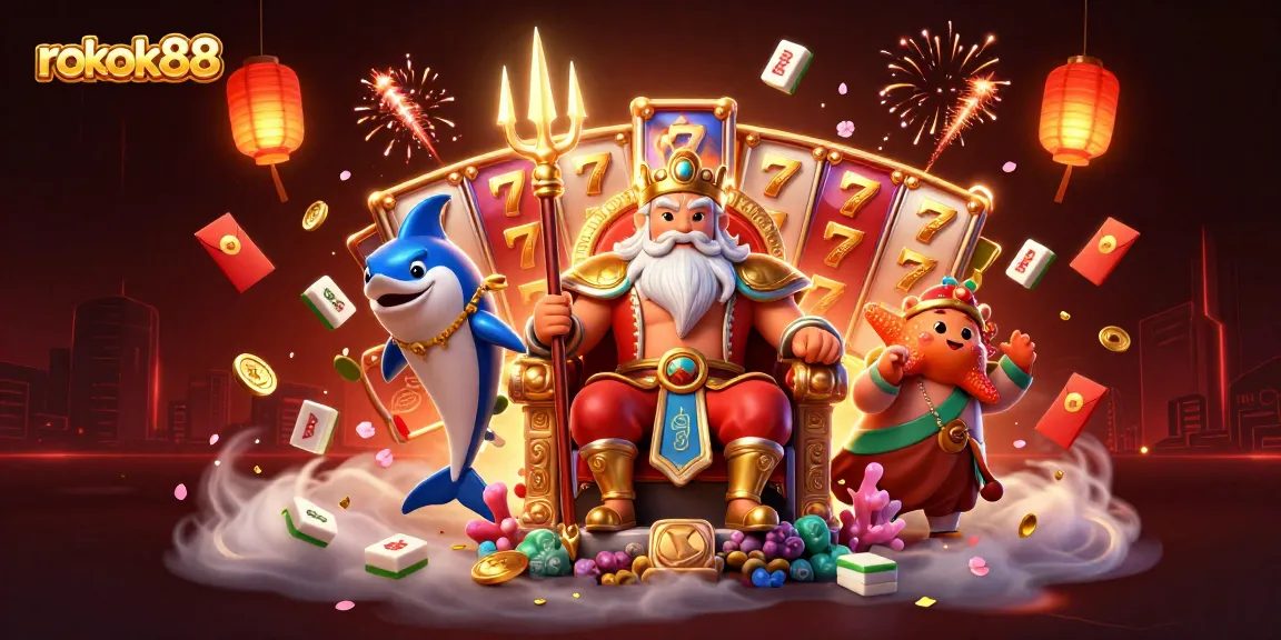 Experience thrills with rokok88's dynamic casino elements and colorful characters in a vibrant 3D illustration.