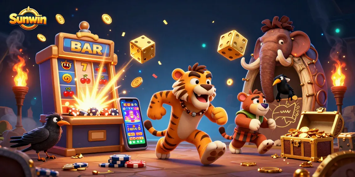 Sunwin showcases a vibrant casino scene with characters and slot elements, highlighting exciting gaming experiences.