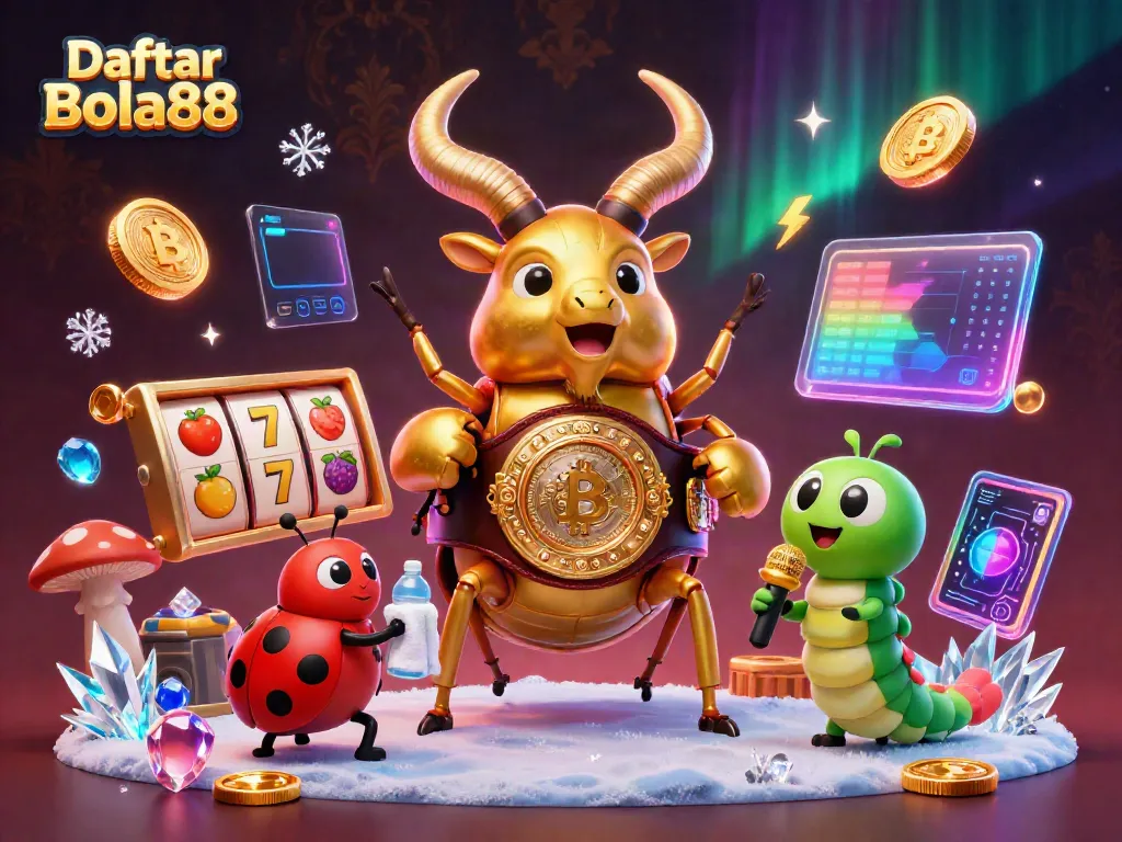 Engage in winning strategies at Daftar Bola88 with vibrant slot elements in a bustling 3D illustration.